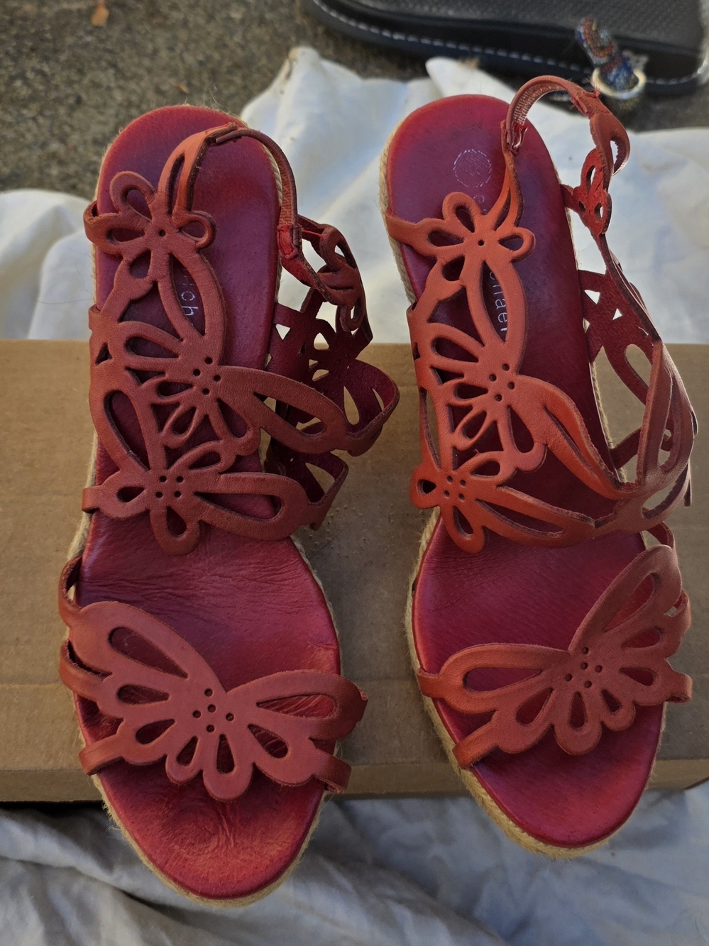 Eric Michael Leathet Orange Floral Cutout Wedge Sandals